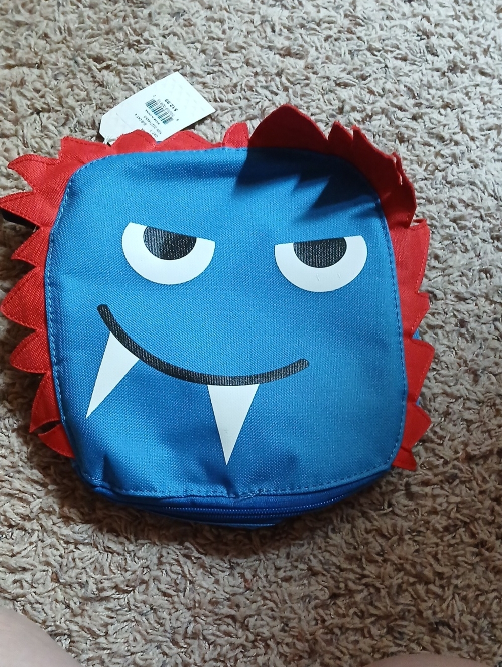 Kids Blue Monster Face Lunch Bag with Red Spikes